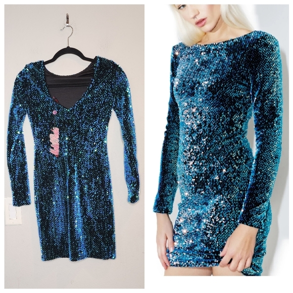 Motel Rocks Dresses & Skirts - NWT Motel Rock Blue Green Iridescent Sequin long sleeve mini dress.  Size XS.